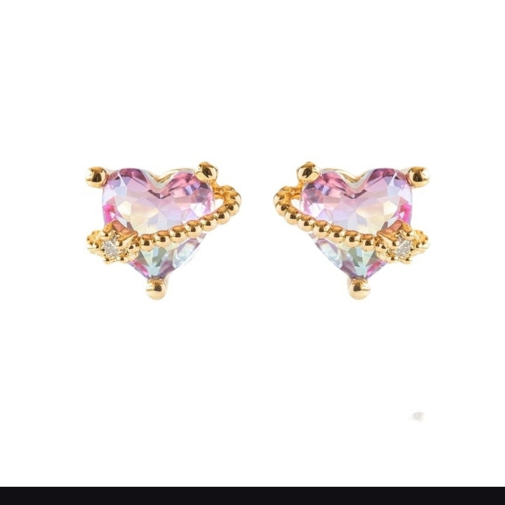 ⚡️Pink Aurora Heart Stud Vintage-Style Pink Gemstone Earrings - Gold Tone New